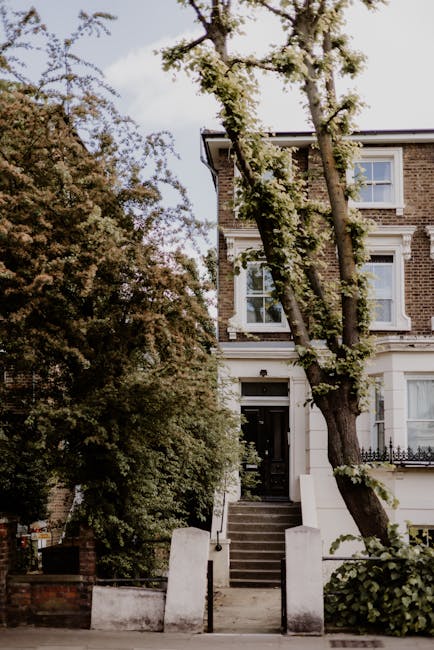 A narrow pathway leading to the entrance of a yellow, two-storey residential building with white window frames and flower boxes on the balcony railing. The pathway is paved with stone slabs and is par
